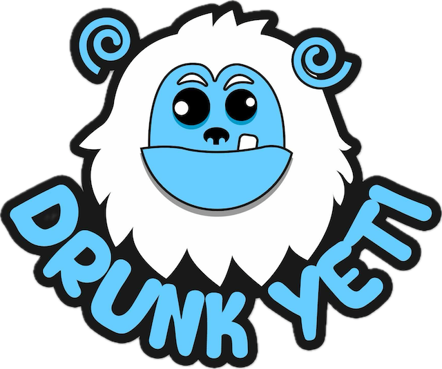 Drunk Yeti, our white-furred mascot with a blue face and spiral ears.